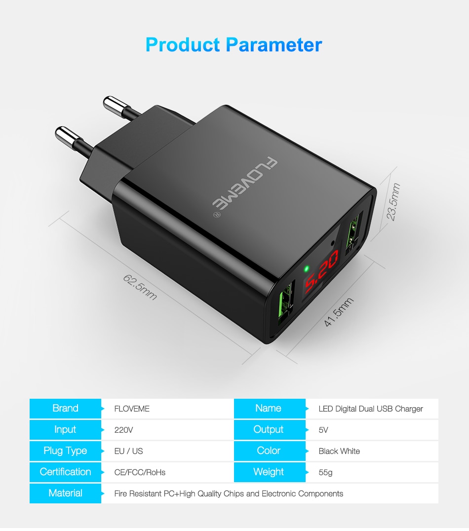 Dual USB Ports Phone Charger with Digital Display