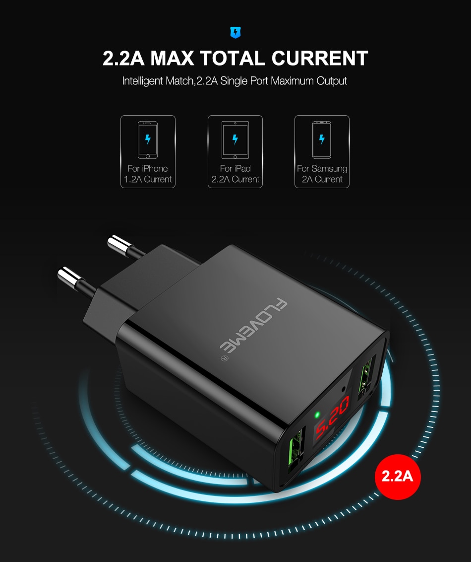 Dual USB Ports Phone Charger with Digital Display